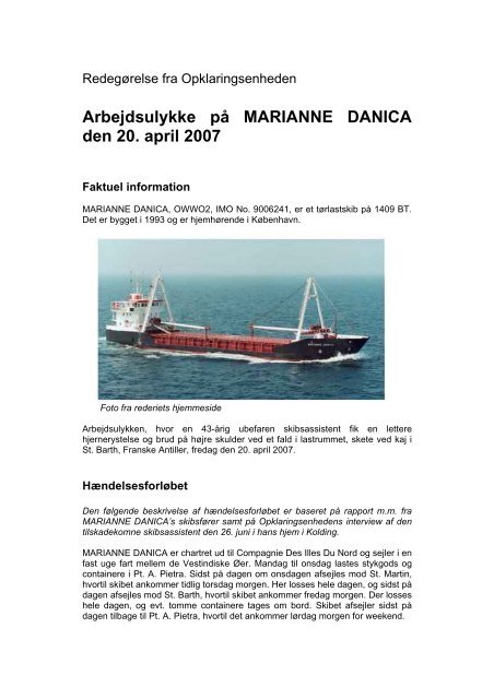 Arbejdsulykke på MARIANNE DANICA den 20. april 2007