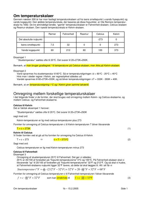 Om temperaturskalaer Omregning mellem forskellige ...