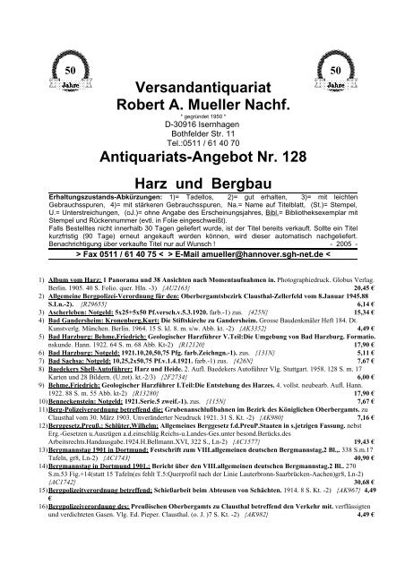 Antiquariats-Angebot Nr. 128 Harz und Bergbau - Antikbuch24