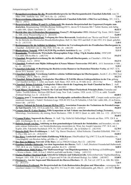 Antiquariats-Angebot Nr. 128 Harz und Bergbau - Antikbuch24