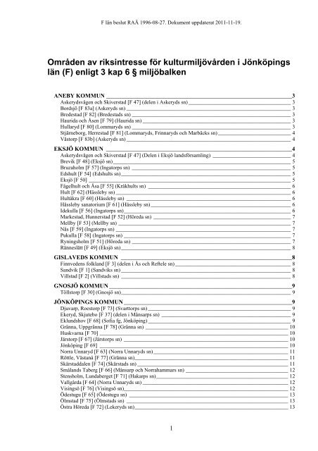 Områden av riksintresse för kulturmiljövården i Jönköpings län (F ...