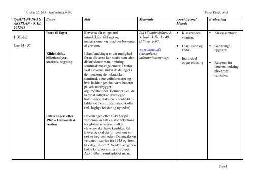SAMFUNDSFAG ÅRSPLAN - 9. KL 2012/13 Emne Mål Materiale ...