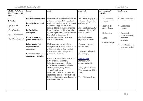 SAMFUNDSFAG ÅRSPLAN - 9. KL 2012/13 Emne Mål Materiale ...