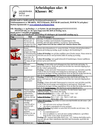 Arbeidsplan uke: 8 Klasse: 8C - Minskole.no
