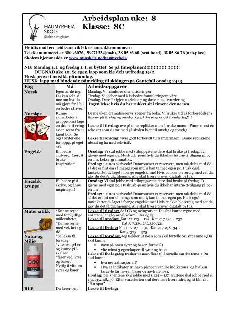 Arbeidsplan uke: 8 Klasse: 8C - Minskole.no