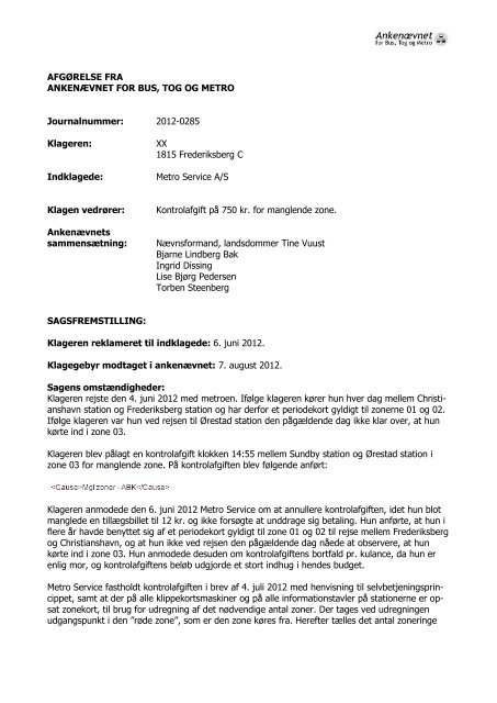 Afgørelse 2012-0285, 18. februar 2013 - Ankenævnet for Bus, Tog ...
