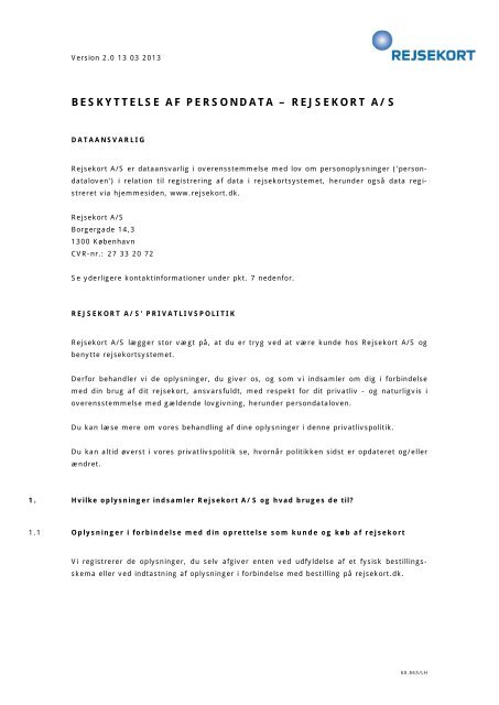 BESKYTTELSE AF PERSONDATA – REJSEKORT A/S