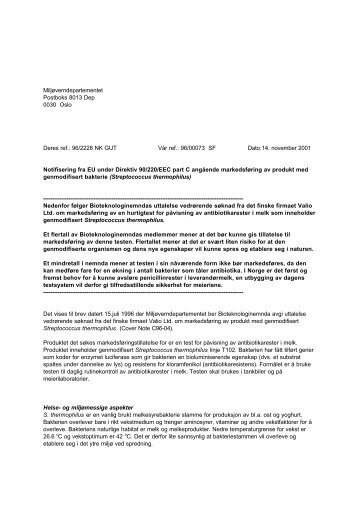 Notifisering fra EU under Direktiv 90/220/EEC part C angående ...