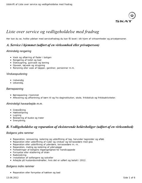 Liste over service og vedligeholdelse med fradrag - PT Solution
