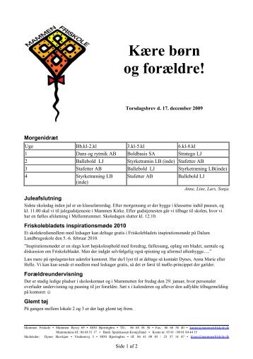 Mammen Friskole Torsdagsbrev 2009-12-17