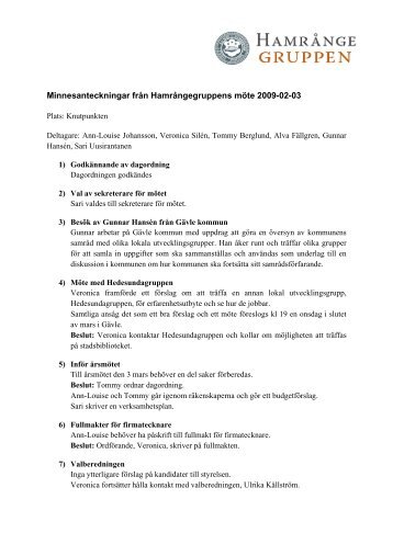 Minnesanteckningar från Hamrångegruppens möte 2009-02-03