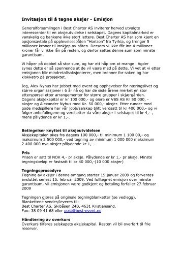 Invitasjon til å tegne aksjer - Emisjon - Best Charter AS