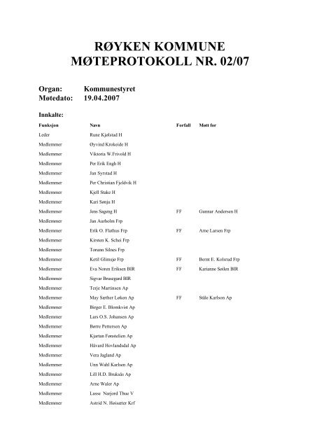 RØYKEN KOMMUNE MØTEPROTOKOLL NR. 02/07