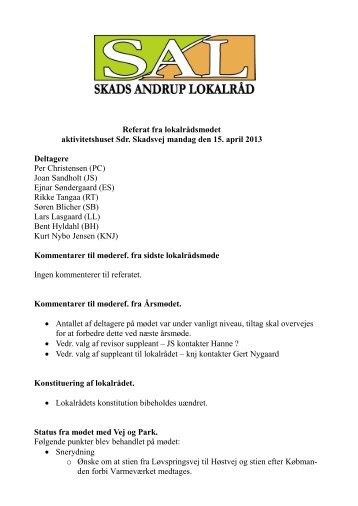 Lokalrådsmøde den 15. april 2013 - Skads Andrup Lokalråd