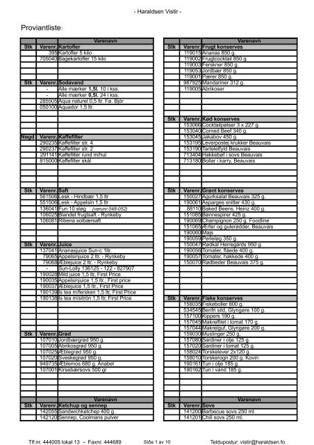 Proviantliste: - Haraldsen Vistir