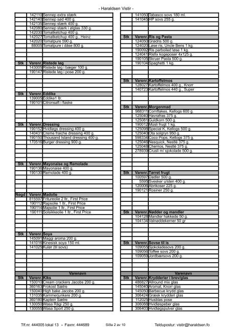 Proviantliste: - Haraldsen Vistir