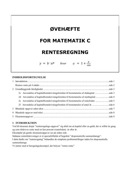 ØVEHÆFTE FOR MATEMATIK C RENTESREGNING hvor a