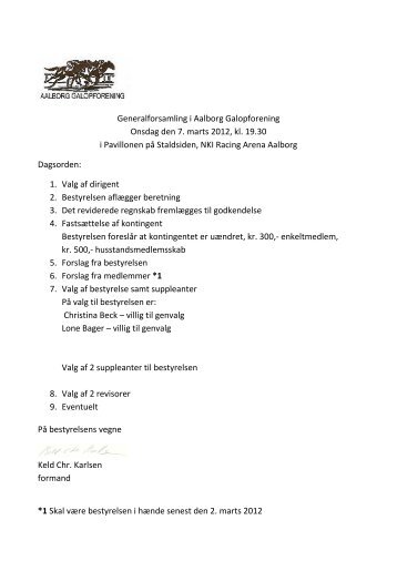Generalforsamling i Aalborg Galopforening Onsdag den 7. marts ...