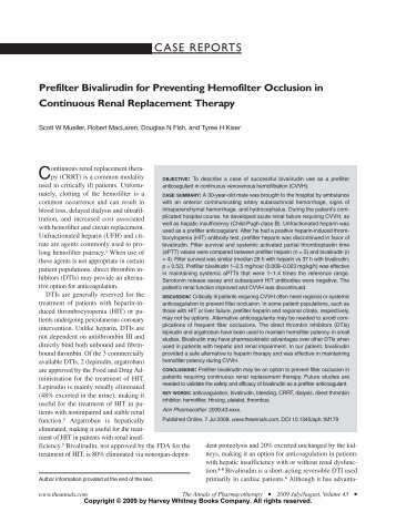 Prefilter Bivalirudin for Preventing Hemofilter Occlusion in ...
