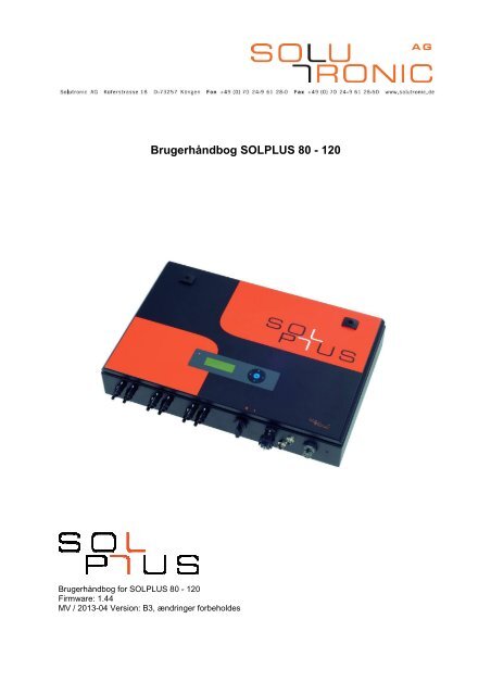 Brugerhåndbog SOLPLUS 80 - 120 - Solutronic AG