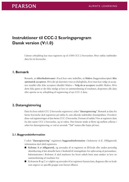 Instruktioner Til Anvendelse Af Scoringsprogrammet Pearson