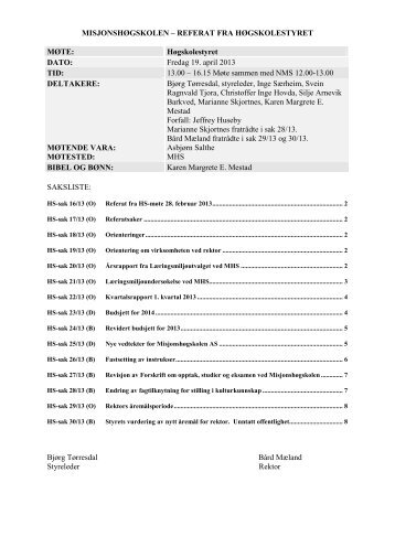 MISJONSHØGSKOLEN – REFERAT FRA HØGSKOLESTYRET ...