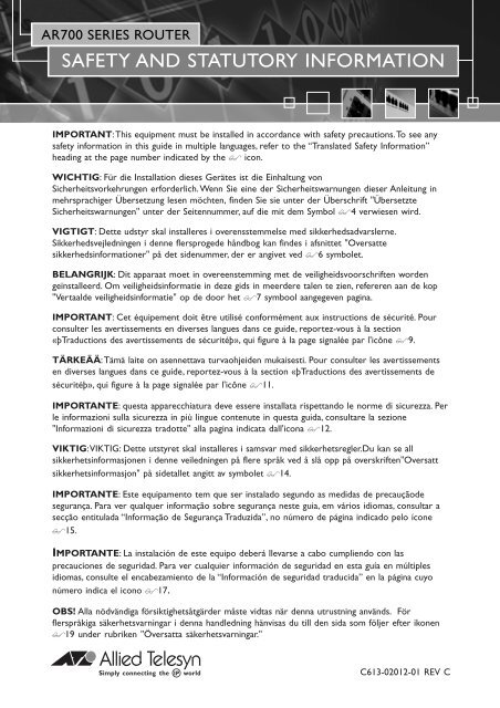 AR700 Series Router Safety and Statutory Information - Allied Telesis