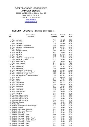 GOSPODARSTWO OGRODNICZE ANDRZEJ SIENICKI ROŚLINY ...