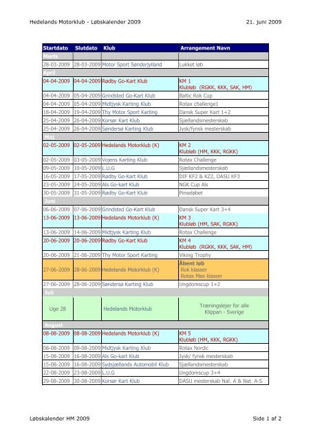 Hedelands Motorklub - Løbskalender 2009 21. juni 2009 ...