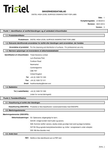 Distel High Level Surface Disinfectant for Labs MSDS ... - equistro.dk