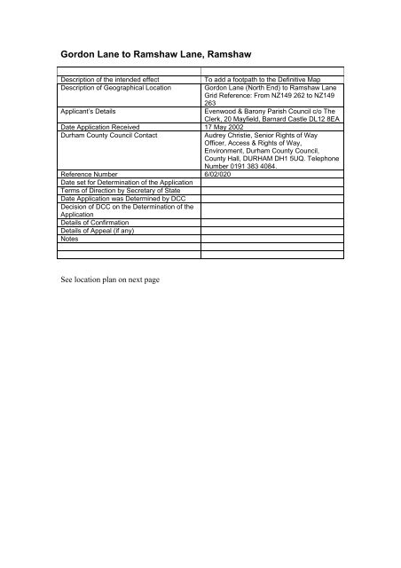 Gordon Lane to Ramshaw Lane, Ramshaw - Durham County Council