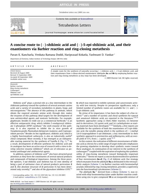 A concise route to (−)-shikimic acid and (−)-5-epi-shikimic acid, and ...