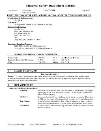Material Safety Data Sheet (MSDS