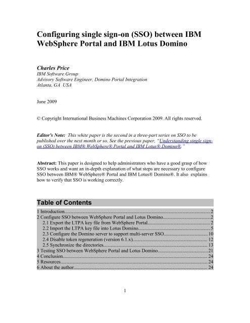 (SSO) between IBM WebSphere Portal and IBM Lotus Domino