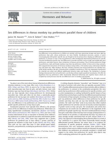 Sex differences in rhesus monkey toy preferences parallel those of ...