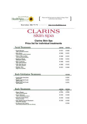 Clarins Spa Price List Clarins Spa Price List