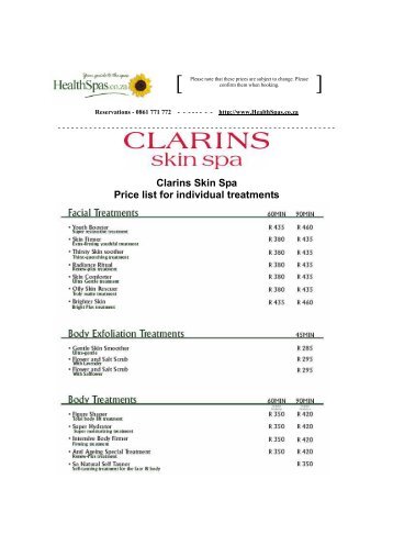 Clarins Skin Spa Price list for individual treatments - Health Spas ...