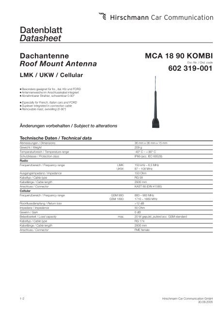 602 319-001 Datenblatt Datasheet - Hirschmann Car Communication