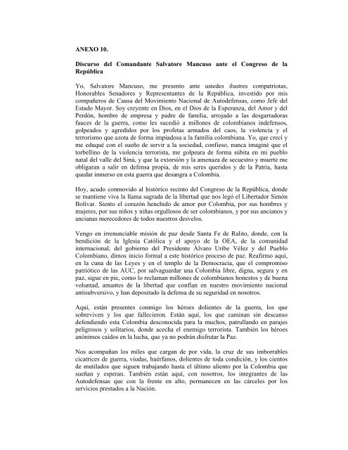 ANEXO 10. Discurso del Comandante Salvatore Mancuso ante el ...