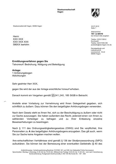 Anhörung zur Strafanzeige - Beispielklagen