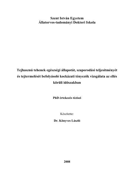 értekezés tézisei - Állatorvostudományi Doktori Iskola - Szent István ...