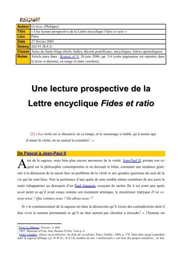 Une lecture prospective de la Lettre encyclique Fides et ratio - Regnat