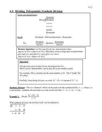 4.3: Dividing Polynomials; Synthetic Division