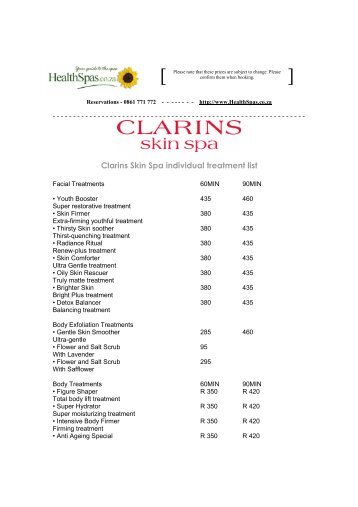 Clarins Skin Spa individual treatment list - Health Spas Guide