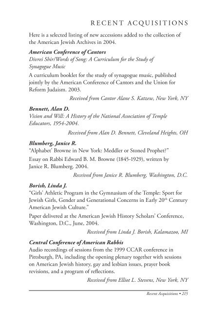 R ECE N T ACQU ISI T IONS - American Jewish Archives