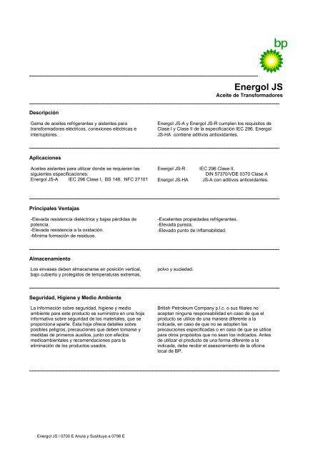 Energol JS / 0700 E Anula y Sus - Lubricantes Ryalta