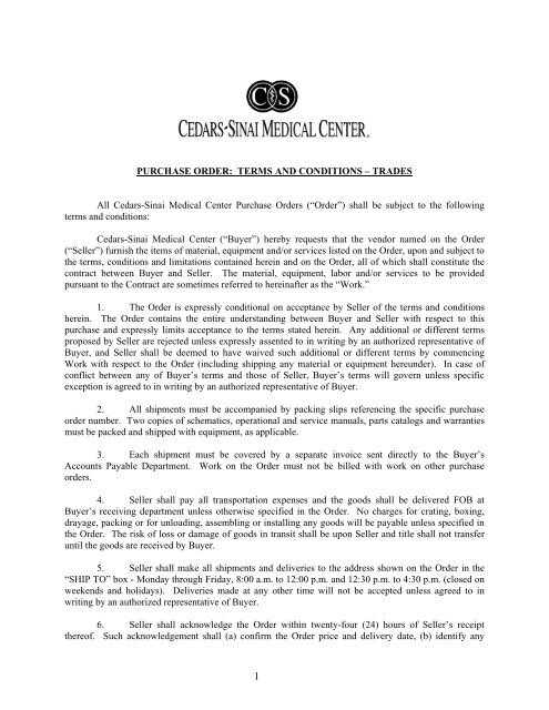 PURCHASE ORDER: TERMS AND CONDITIONS ... - Cedars-Sinai