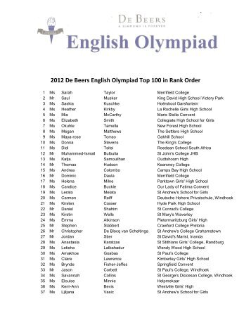 2012 De Beers English Olympiad Top 100 in Rank Order
