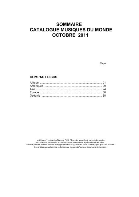 SOMMAIRE CATALOGUE MUSIQUES DU MONDE OCTOBRE 2011