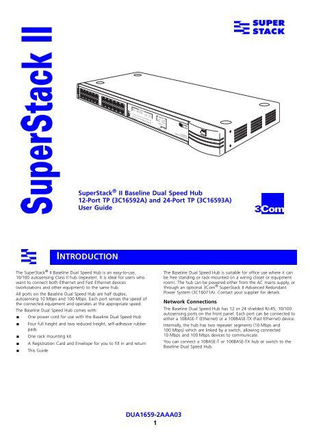 SuperStack II Baseline Dual Speed Hub User Guide
